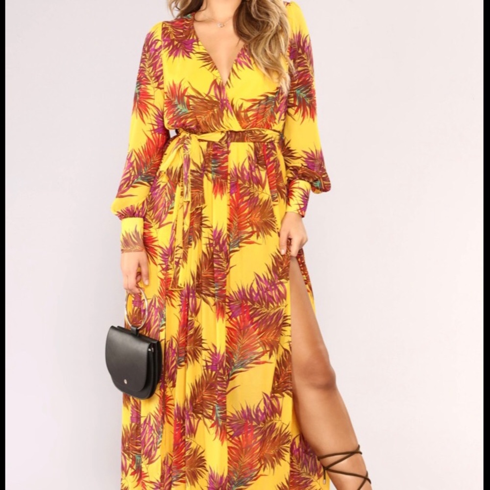 Fashion Nova Tropical Palm Mustard Maxi Dress